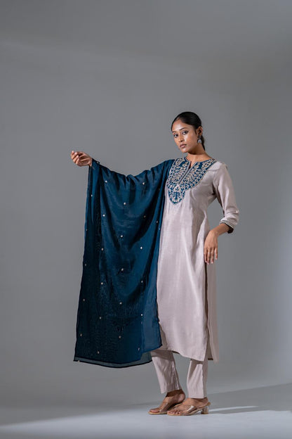 Amaira Azure Silk Suit with Appliqué Work & Mul Chanderi Dupatta