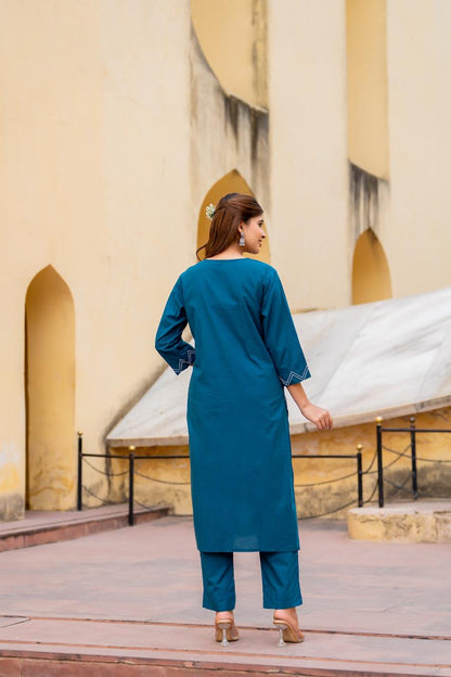 Nayab Teal Pure Jaipuri Cotton Threadwork Suit Set