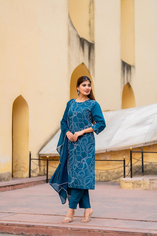Nayab Teal Pure Jaipuri Cotton Threadwork Suit Set