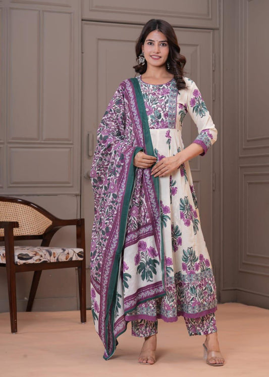 Gulbadan Ivory Pure Jaipuri Cotton Anarkali Floral Suit Set