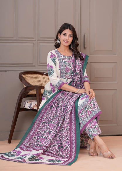 Gulbadan Ivory Pure Jaipuri Cotton Anarkali Floral Suit Set