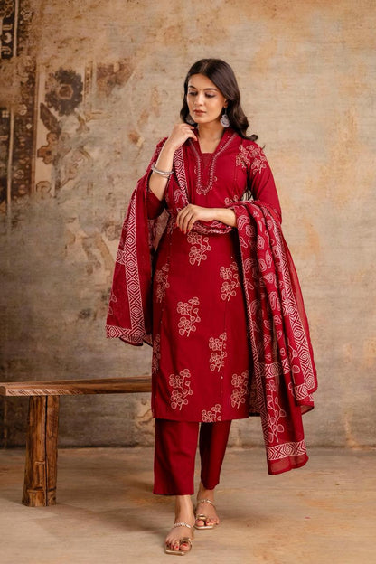Ruhani Maroon Pure Jaipuri Cotton Suit Set