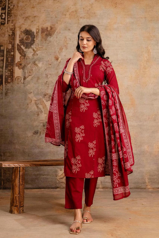 Ruhani Maroon Pure Jaipuri Cotton Suit Set
