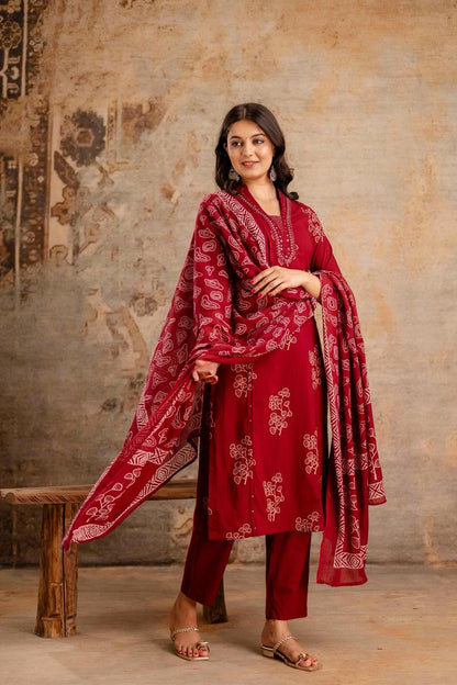 Ruhani Maroon Pure Jaipuri Cotton Suit Set
