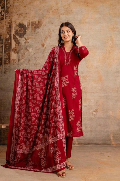 Ruhani Maroon Pure Jaipuri Cotton Suit Set