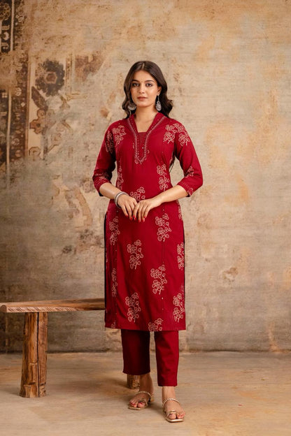 Ruhani Maroon Pure Jaipuri Cotton Suit Set