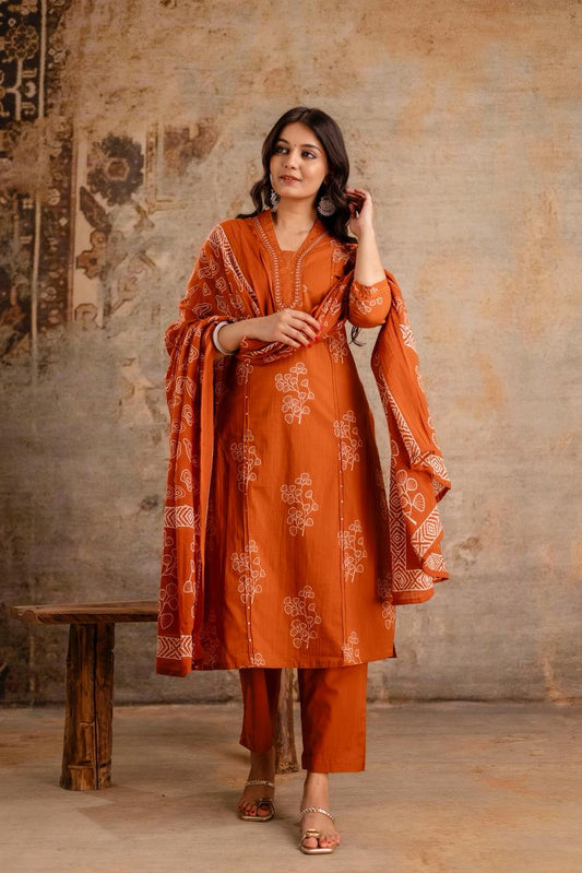Ruhani Rust Pure Jaipuri Cotton Suit Set