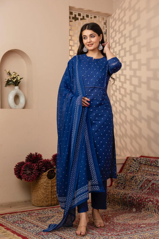 Ruhani Indigo Pure Jaipuri Cotton Suit Set