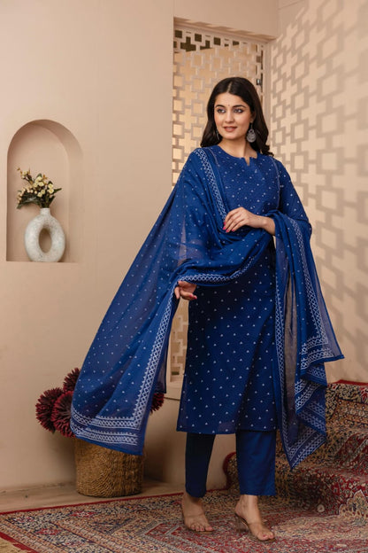 Ruhani Indigo Pure Jaipuri Cotton Suit Set
