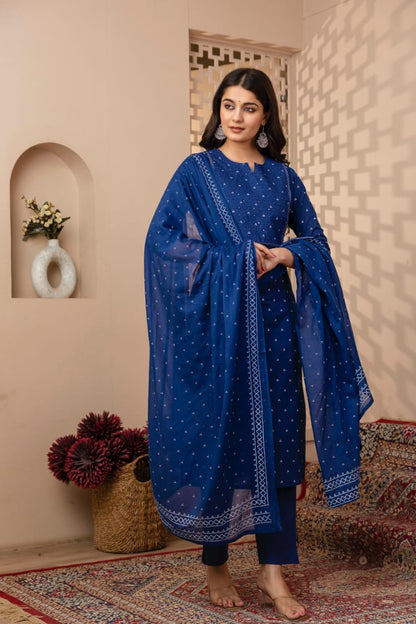 Ruhani Indigo Pure Jaipuri Cotton Suit Set