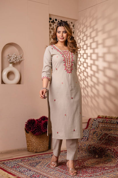Noorani Beige Pure Jaipuri Cotton Embroidered Suit Set