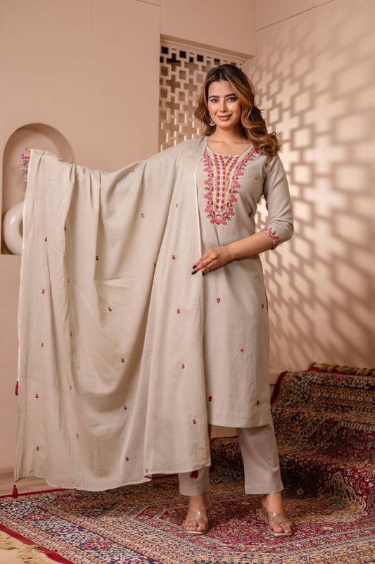 Noorani Beige Pure Jaipuri Cotton Embroidered Suit Set