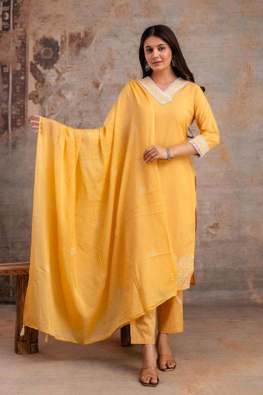 Noorani Sunlit Yellow Pure Jaipuri Cotton Embroidered Suit Set