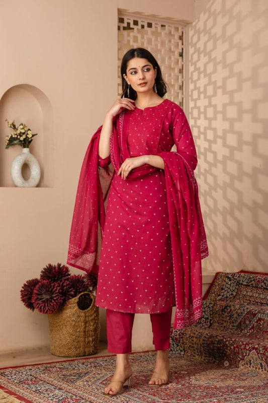 Ruhani Magenta Pure Jaipuri Cotton Embroidered Suit Set