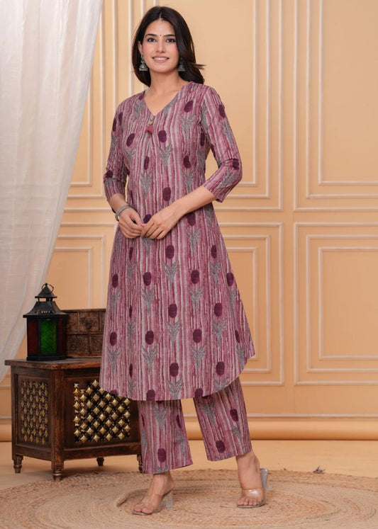 Thistle Stripes Pure Jaipuri Soft Cotton Co-ord Set