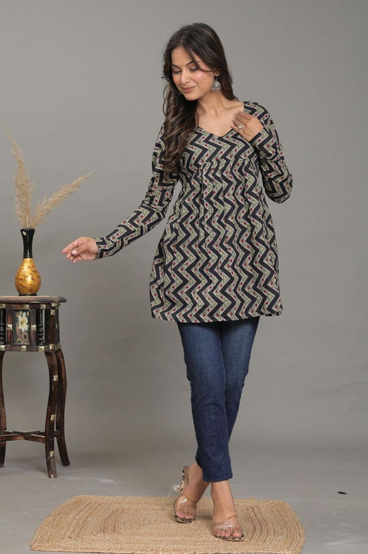 Stylish Black Pure Jaipuri Soft Cotton Short Kurti with Zigzag Print