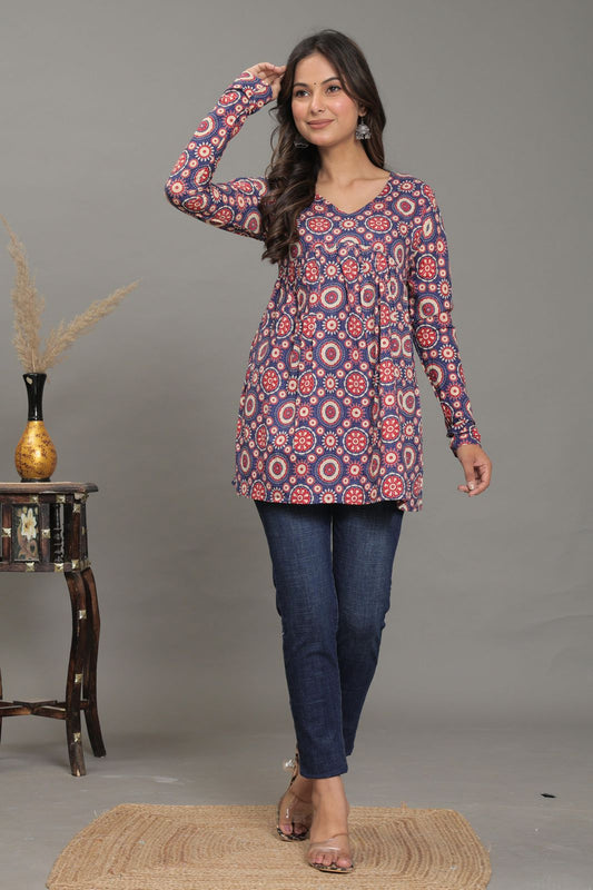 Elegant Purple Pure Jaipuri Soft Cotton Short Kurti with Ethnic Circular Print