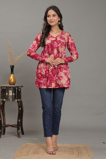 Crimson Blossom Pure Jaipuri Soft Cotton Short Kurti