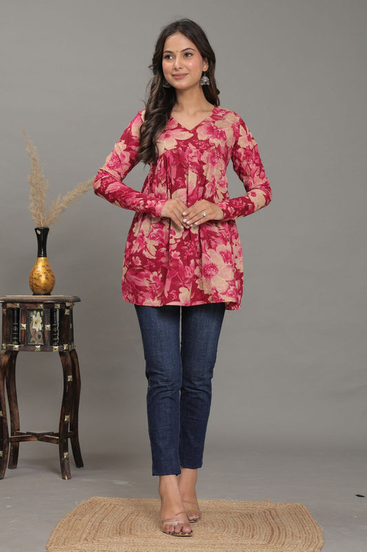 Chic Red Pure Jaipuri Soft Cotton Short Kurti with Floral Print