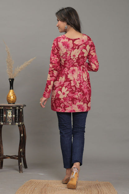 Crimson Blossom Pure Jaipuri Soft Cotton Short Kurti
