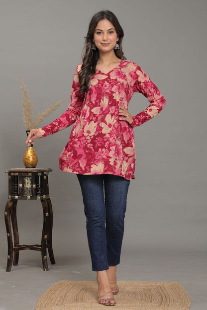 Crimson Blossom Pure Jaipuri Soft Cotton Short Kurti