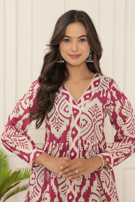 Graceful Magenta Pure Jaipuri Soft Cotton Short Kurti with Ikat Print