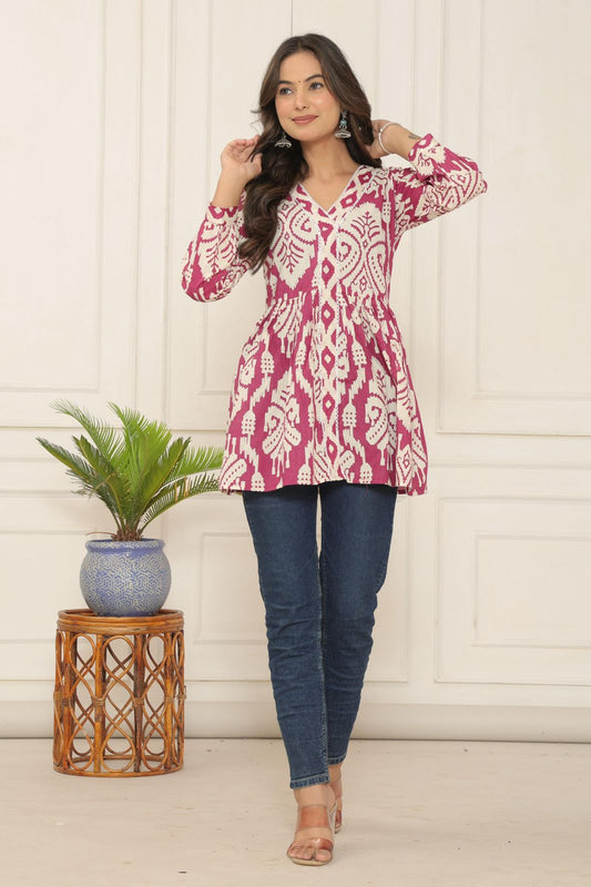 Graceful Magenta Pure Jaipuri Soft Cotton Short Kurti with Ikat Print