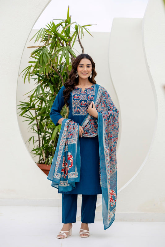 Nayra Blue Pure Jaipuri Soft Cotton Suit Set with Elephant Print Dupatta