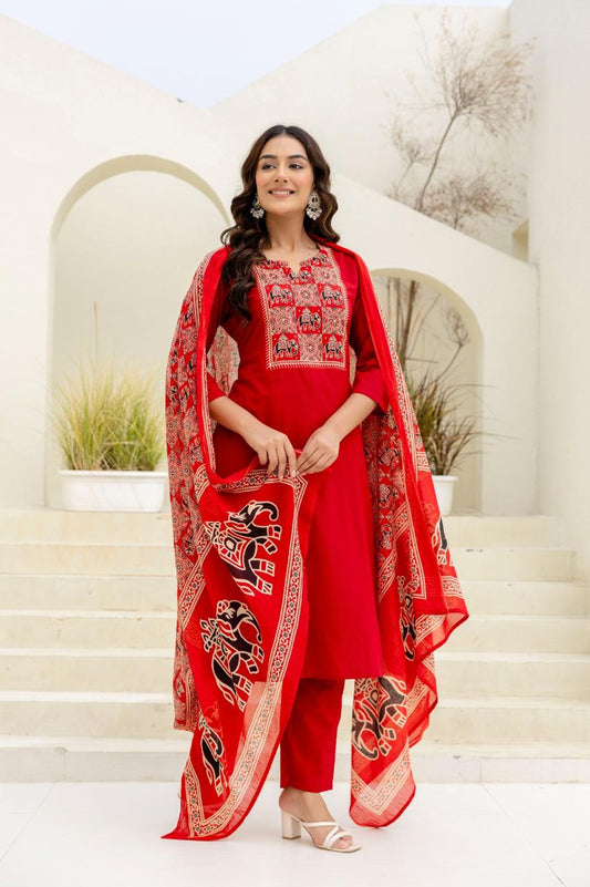 Aarvi Red Pure Jaipuri Soft Cotton Suit Set with Elephant Print Dupatta