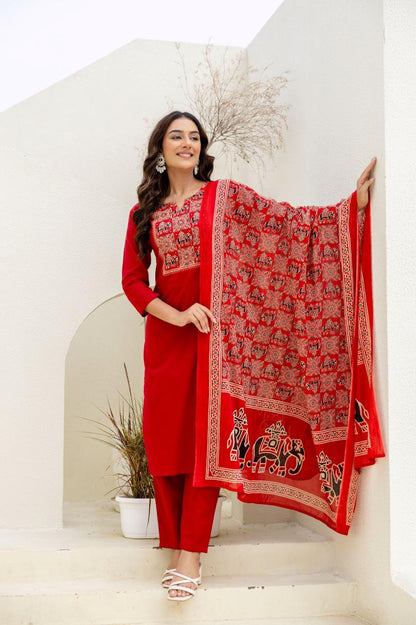 Aarvi Red Pure Jaipuri Soft Cotton Suit Set with Elephant Print Dupatta