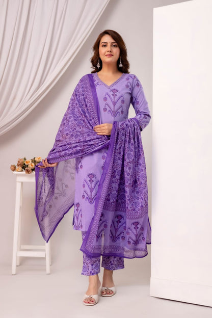 Noorvi Lavender Pure Jaipuri Cotton Suit Set with Floral Print Dupatta