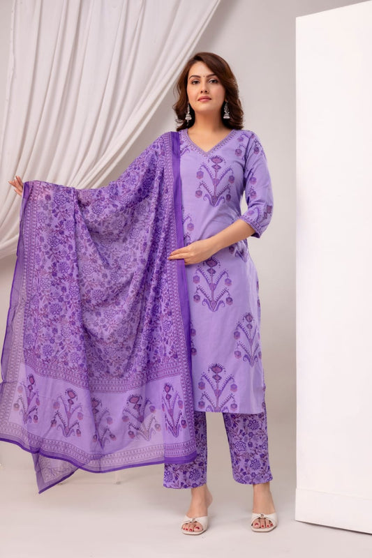 Noorvi Lavender Pure Jaipuri Cotton Suit Set with Floral Print Dupatta