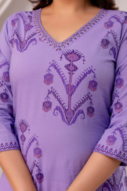 Noorvi Lavender Pure Jaipuri Cotton Suit Set with Floral Print Dupatta