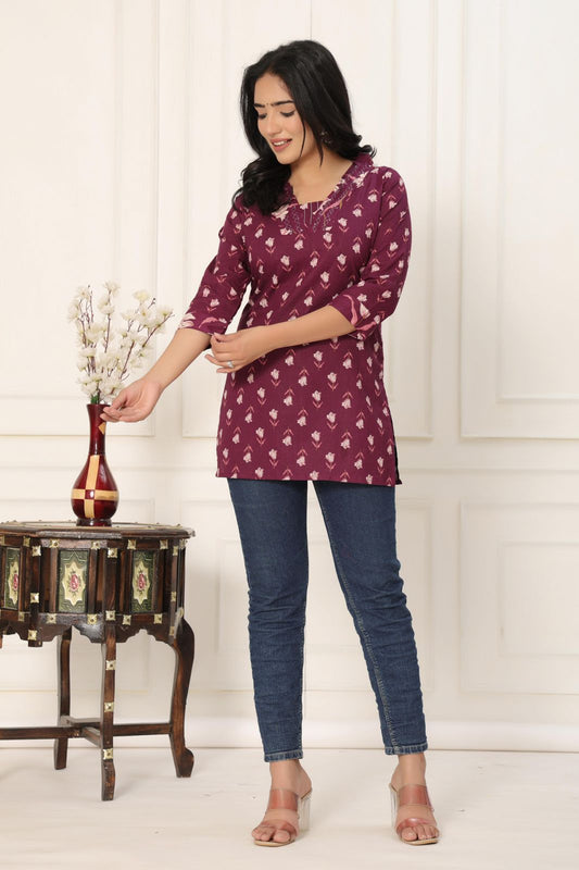 Elegant Wine Pure Jaipuri Soft Cotton Short Kurti with Minimal Motif Print