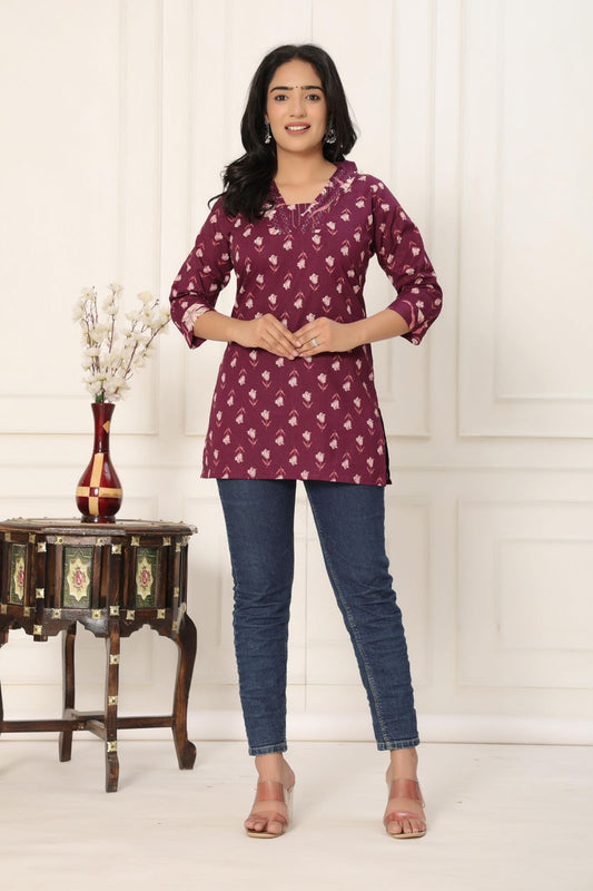 Elegant Wine Pure Jaipuri Soft Cotton Short Kurti with Minimal Motif Print
