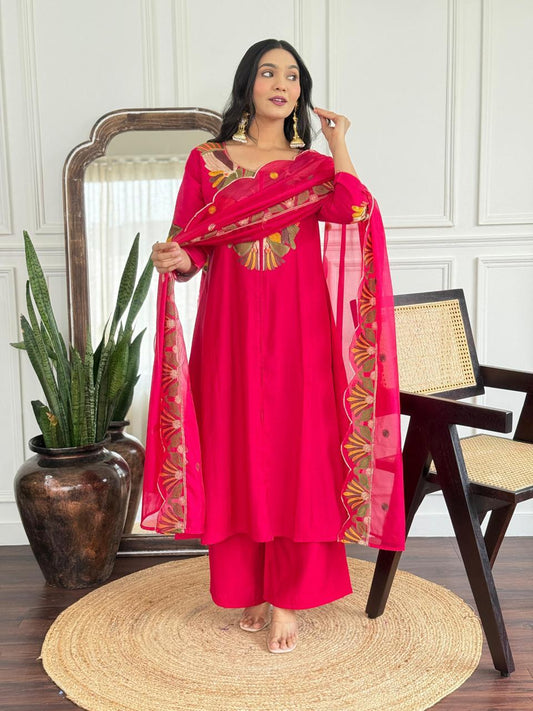 Zyra Fuchsia Pure Roman Silk Suit Set with Cotton Lining & Embroidered Dupatta