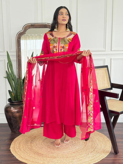 Zyra Fuchsia Pure Roman Silk Suit Set with Cotton Lining & Embroidered Dupatta
