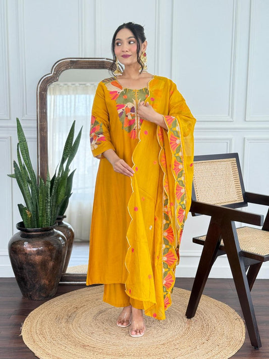 Noor Mustard Pure Roman Silk Suit Set with Cotton Lining & Embroidered Dupatta