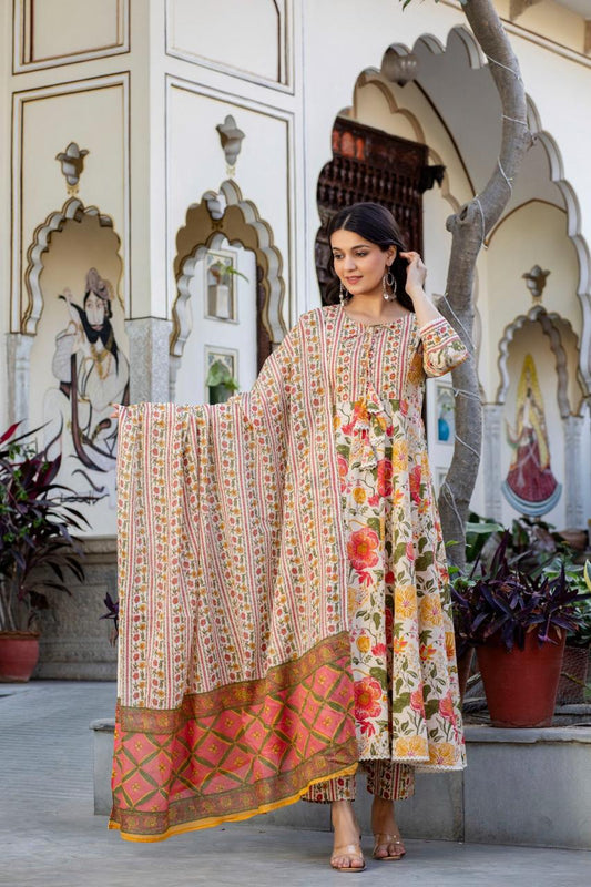 Ivory Multi-Color Floral Jaipuri Cotton Anarkali Set with Dupatta
