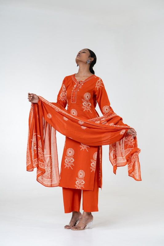 Ruhani Orange Pure Jaipuri Cotton Suit Set with Dupatta