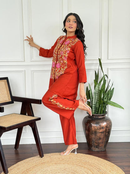Rust Blossom Silk Embroidered Coord Set