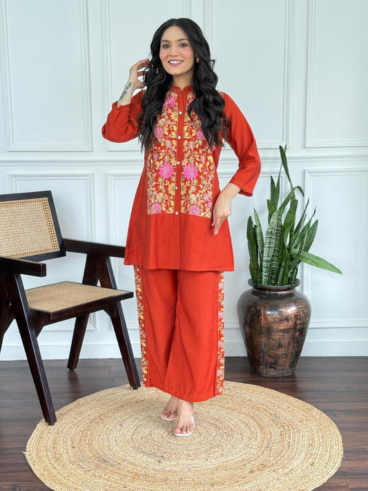 Rust Blossom Silk Embroidered Coord Set