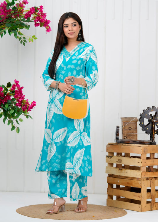 Turquoise Leaf Print Liva Rayon Coord Set