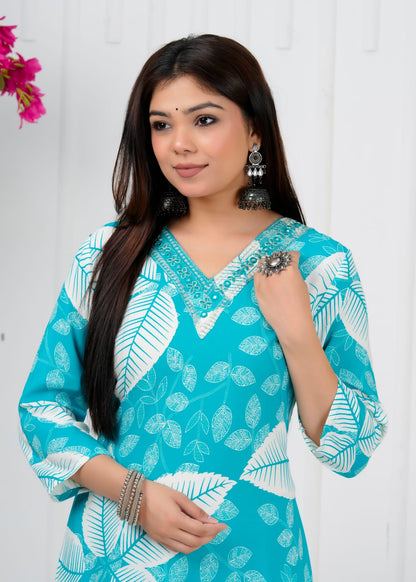 Turquoise Leaf Print Liva Rayon Coord Set