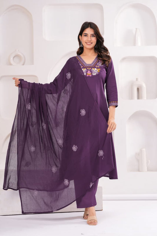 Royal Purple Pure Cotton Suit Set with Embroidery Patch Work