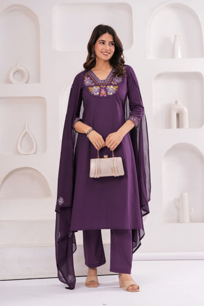 Royal Purple Pure Cotton Suit Set with Embroidery Patch Work