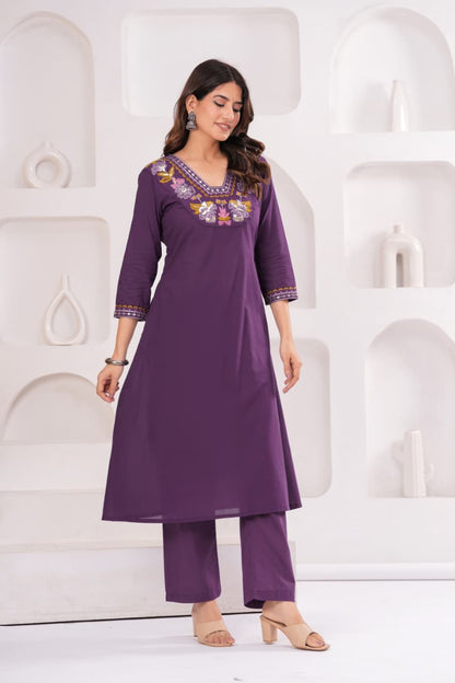 Royal Purple Pure Cotton Suit Set with Embroidery Patch Work
