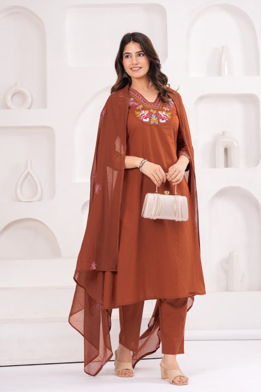 Rust Brown Pure Cotton Suit Set with Embroidery Patch Work