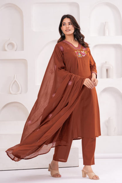 Rust Brown Pure Cotton Suit Set with Embroidery Patch Work