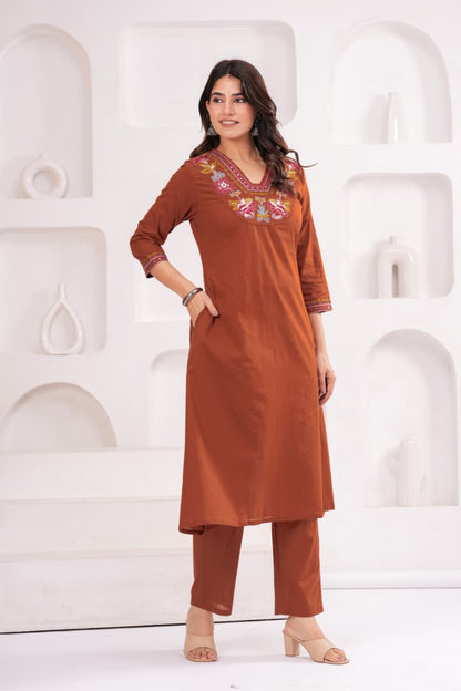 Rust Brown Pure Cotton Suit Set with Embroidery Patch Work